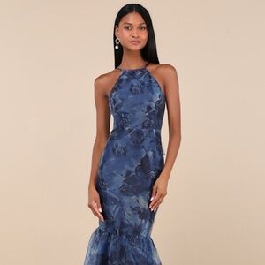 Lulus Admirable Essence Navy Blue Floral Organza Trumpet Midi Dress - Size L